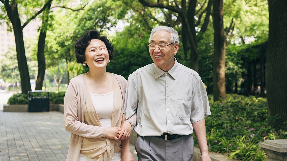 Senior couple walking in a park smiling